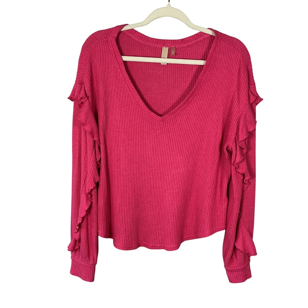 Pilcro and the Letterpress Magenta Waffle Knit Ruffle Sleeve V-Neck Top M